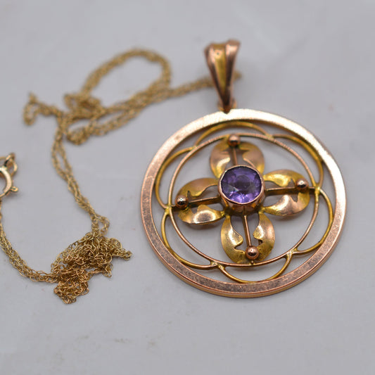 Antique Edwardian Art Nouveau 9ct Gold Amethyst Pendant Necklace