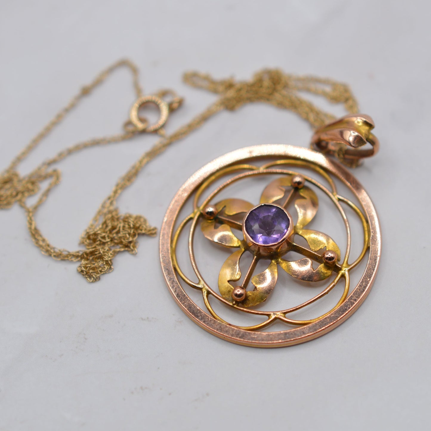 Antique Edwardian Art Nouveau 9ct Gold Amethyst Pendant Necklace