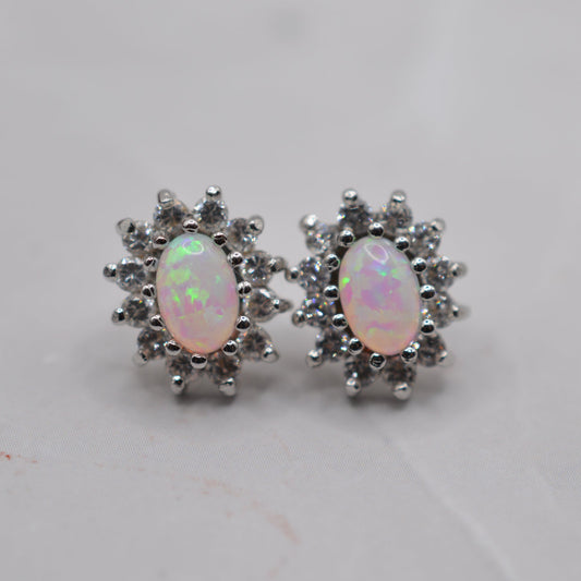 9ct Gold Opal & Cubic Zirconia Cluster Stud Earrings