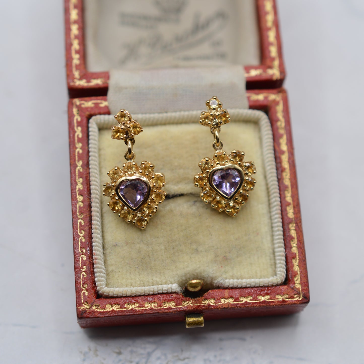 Y2K 9ct Gold Citrine & Amethyst Heart Cluster Drop Earrings
