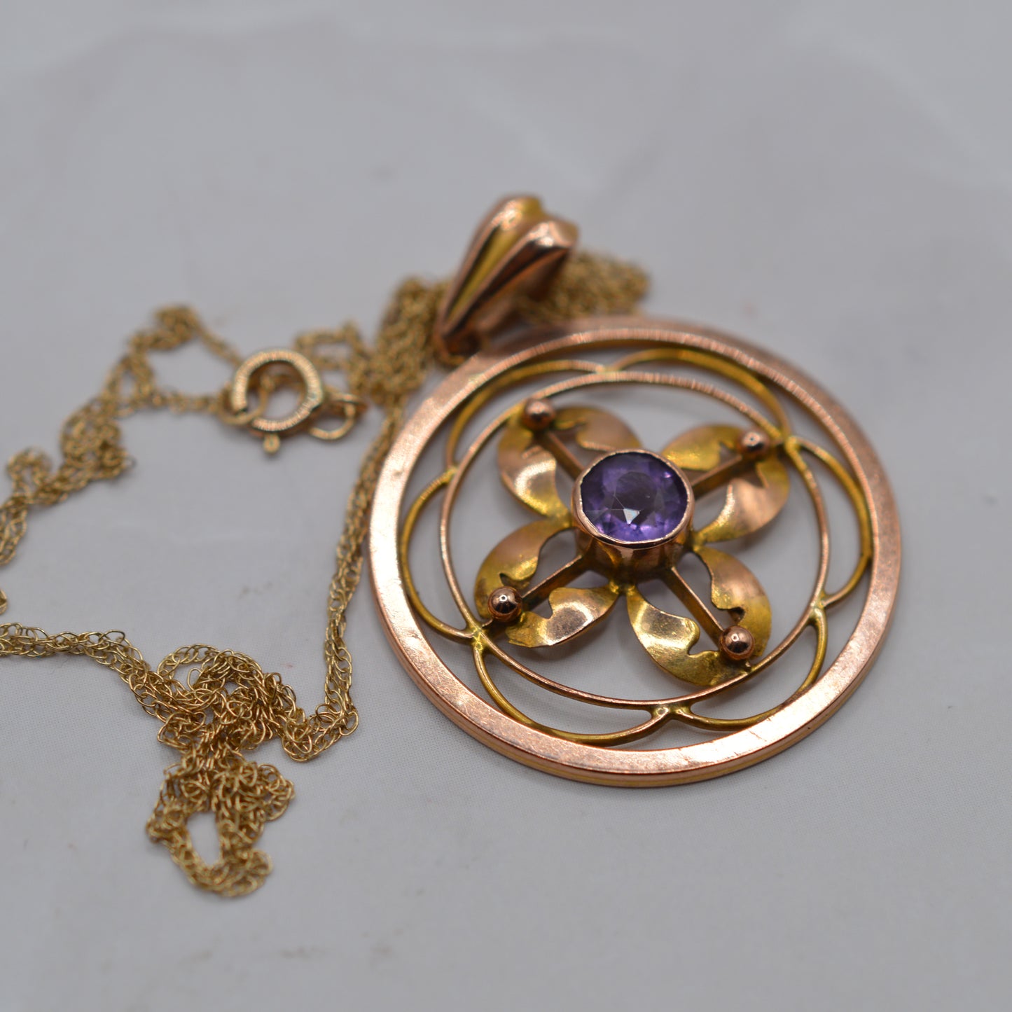Antique Edwardian Art Nouveau 9ct Gold Amethyst Pendant Necklace