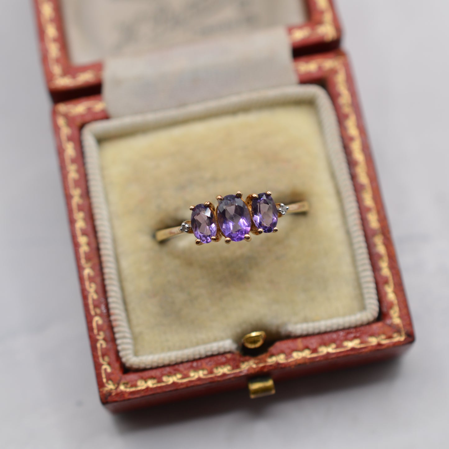 9ct Gold Amethyst & Diamond Trilogy Ring