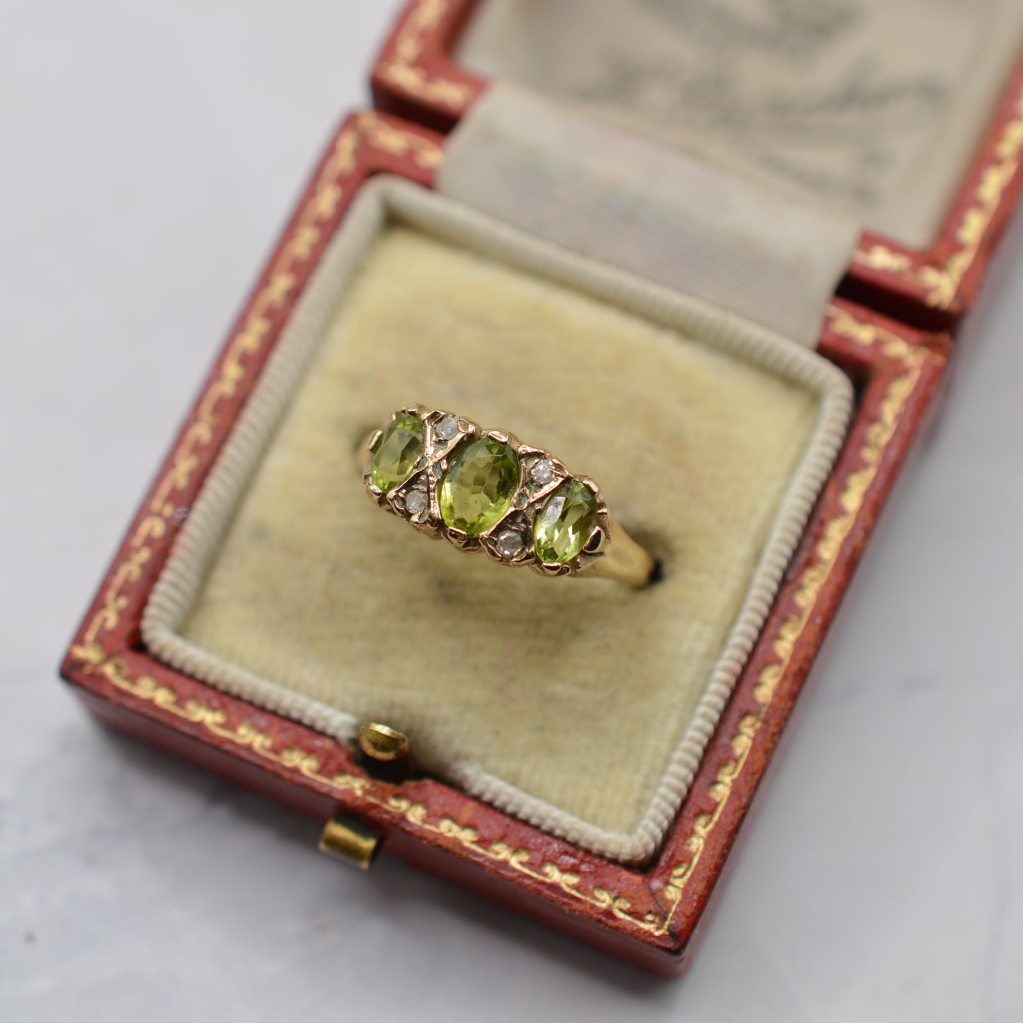 1990s 9ct Gold Peridot & Diamond Ring