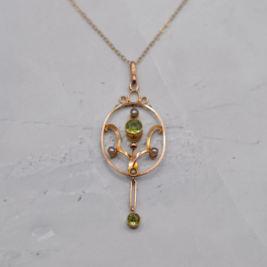 Antique Edwardian 9ct Gold Peridot & Pearl Lavalier Pendant Necklace