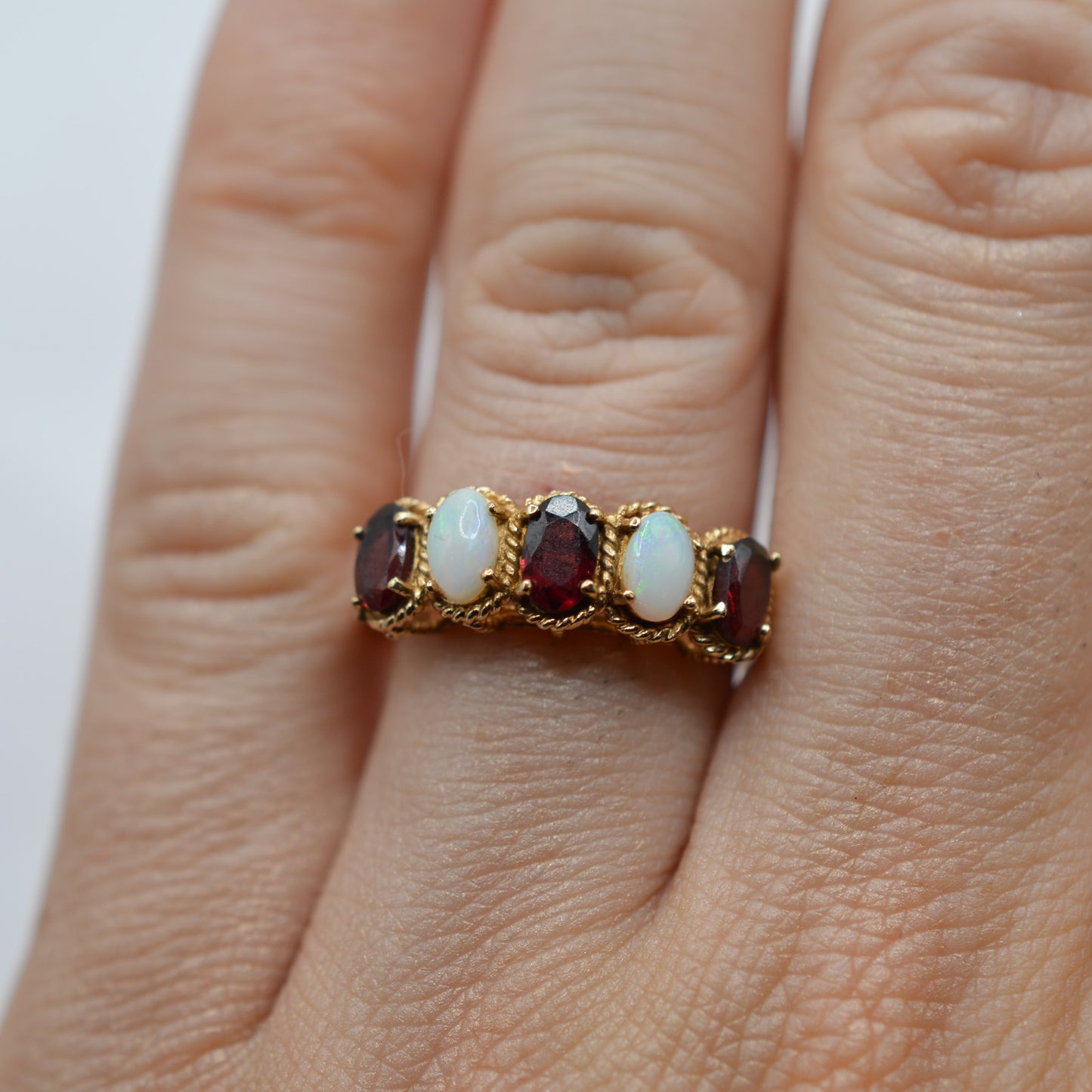 1970s Vintage 9ct Gold Opal & Garnet Five-Stone Ring
