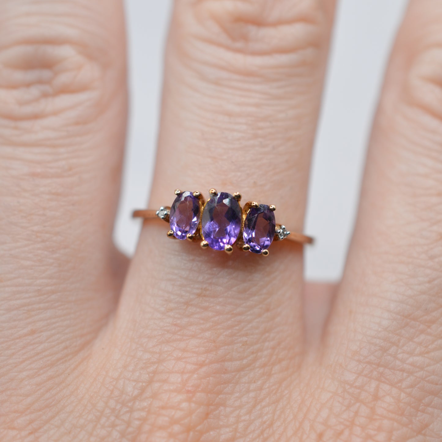 9ct Gold Amethyst & Diamond Trilogy Ring