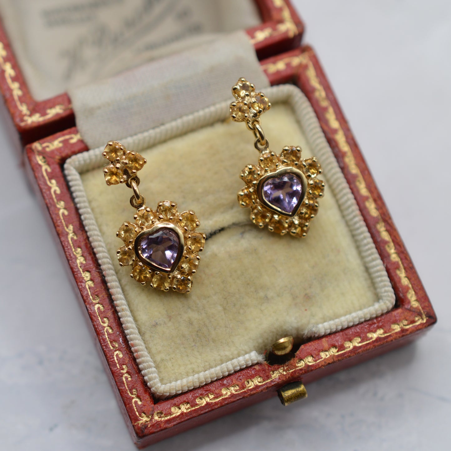 Y2K 9ct Gold Citrine & Amethyst Heart Cluster Drop Earrings