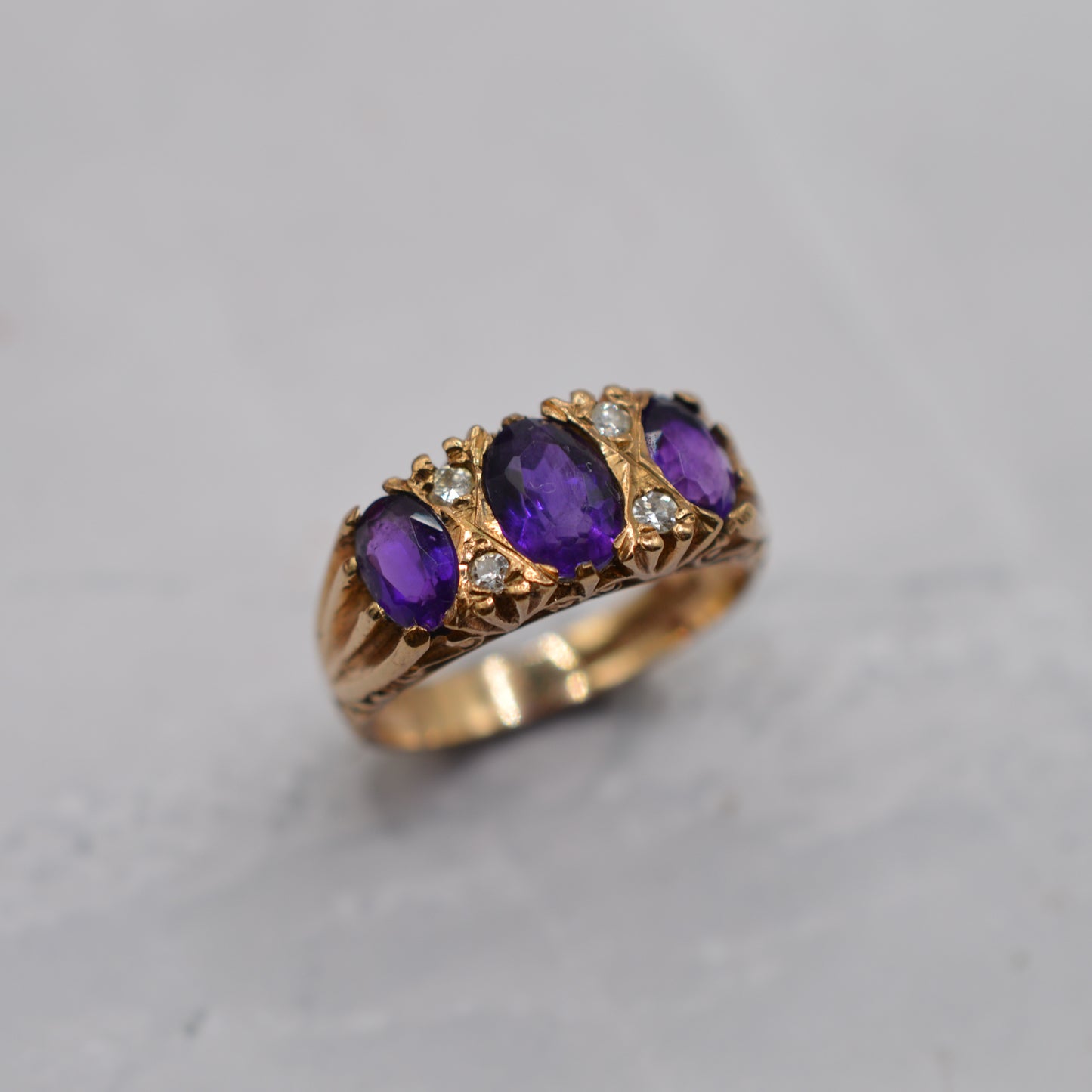 1970s Chunky Vintage 9ct Gold Amethyst & Diamond Gypsy Ring