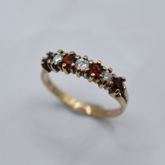 1980s Vintage 9ct Gold Garnet & CZ Half-Eternity Ring