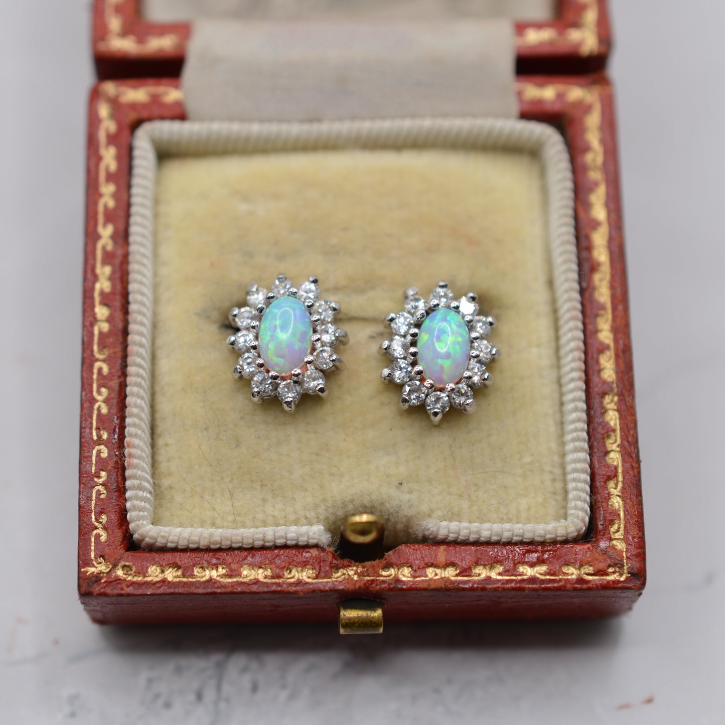 9ct Gold Opal & Cubic Zirconia Cluster Stud Earrings