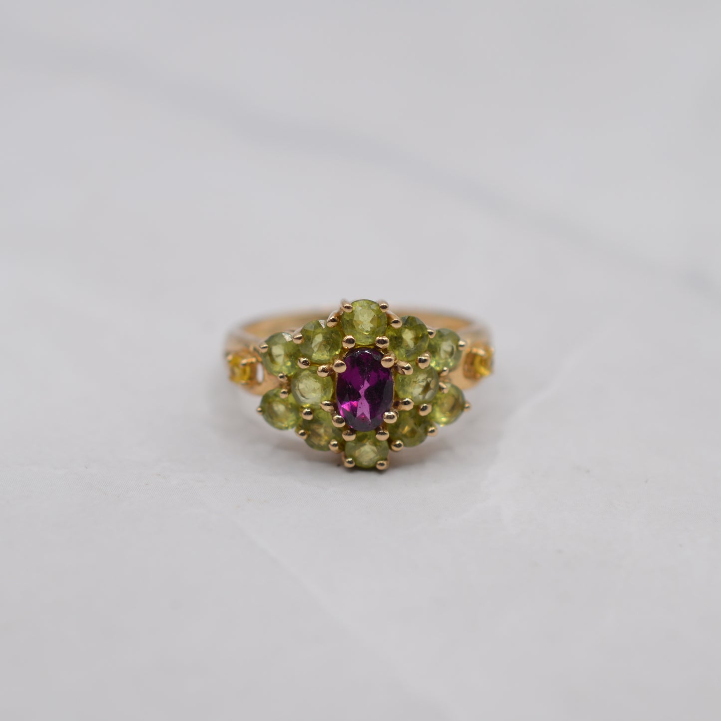 Chunky 9ct Gold Green Sapphire, Yellow Sapphire & Garnet Cluster Ring