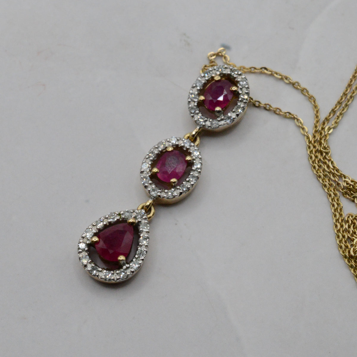 9ct Gold Ruby & Diamond Triple Cluster Pendant Necklace (16”-18”)