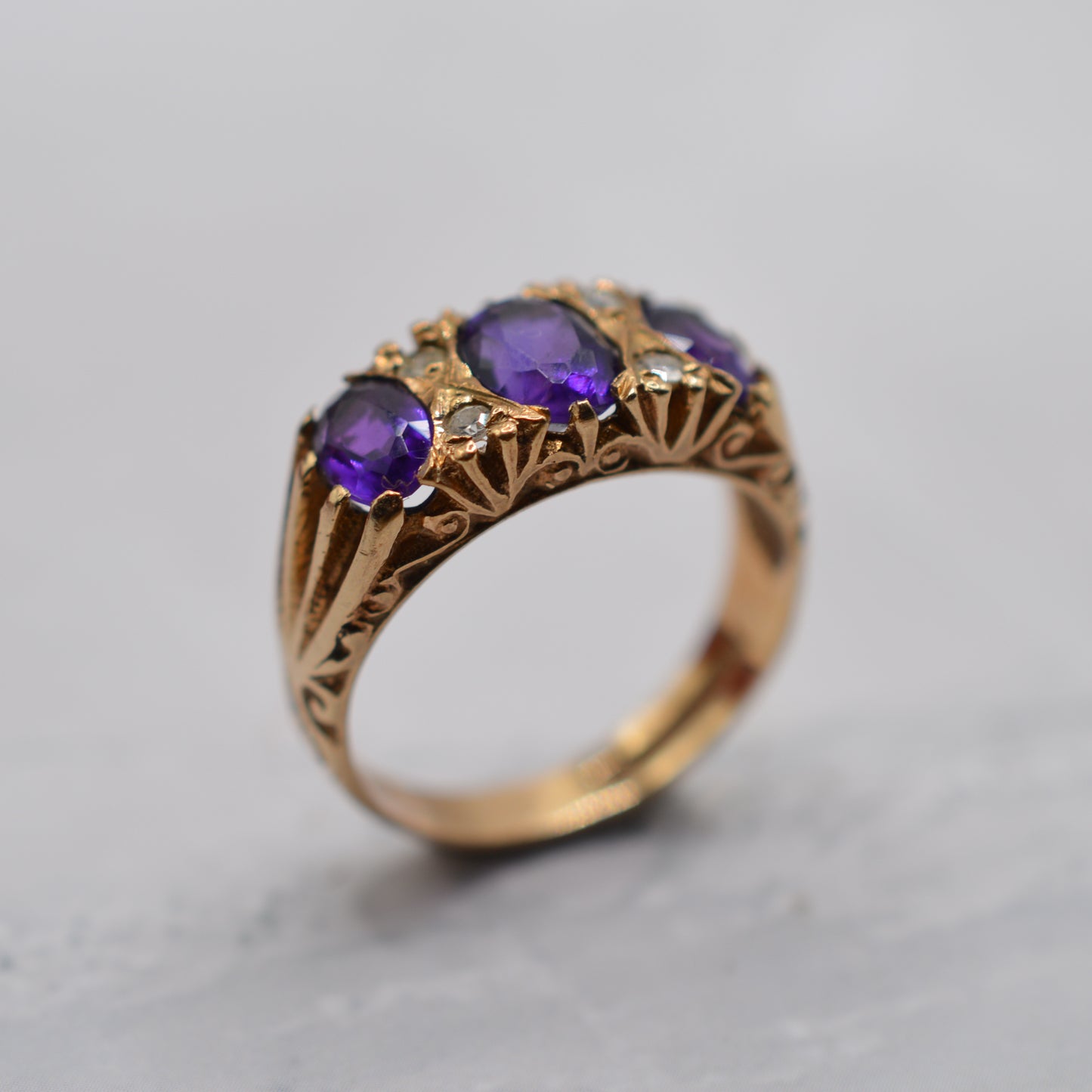 1970s Chunky Vintage 9ct Gold Amethyst & Diamond Gypsy Ring