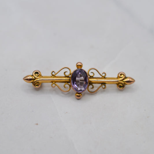 Edwardian 1909 Antique 9ct Gold Amethyst Brooch