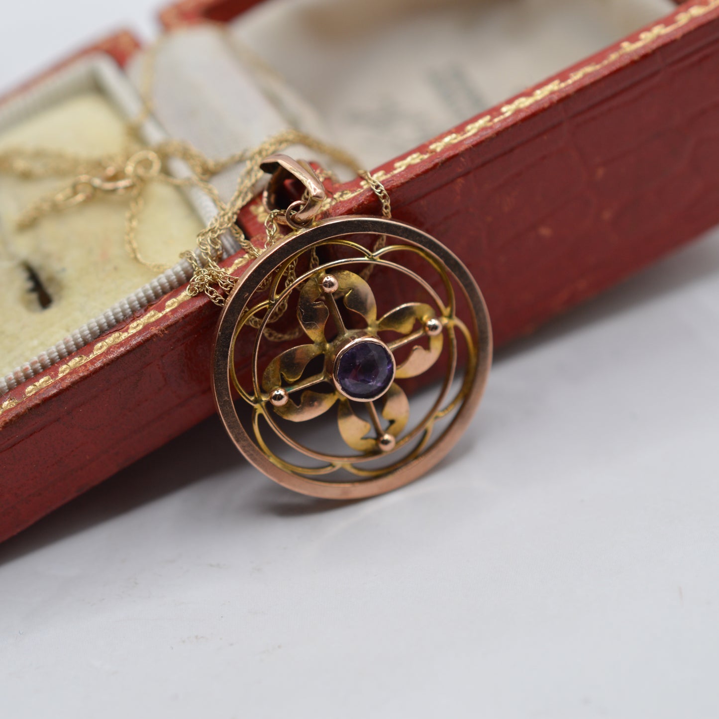 Antique Edwardian Art Nouveau 9ct Gold Amethyst Pendant Necklace