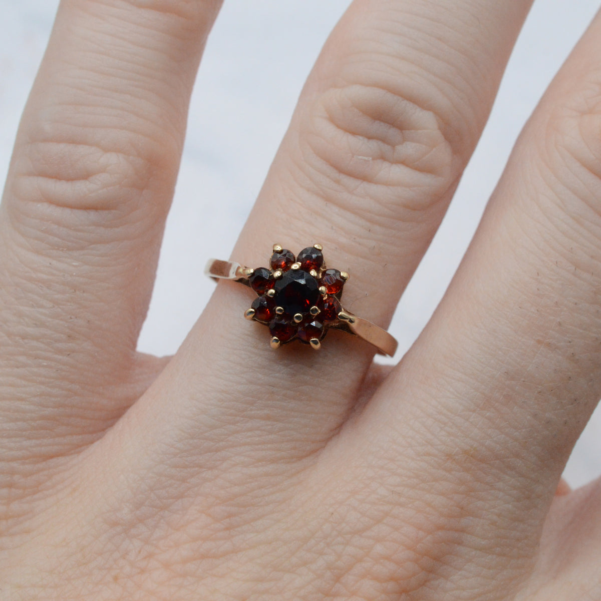 1970s Vintage 9ct Gold Garnet Cluster Ring