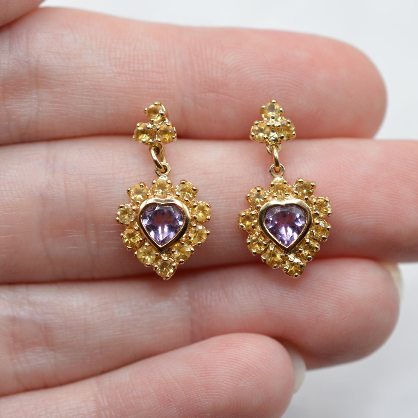 Y2K 9ct Gold Citrine & Amethyst Heart Cluster Drop Earrings
