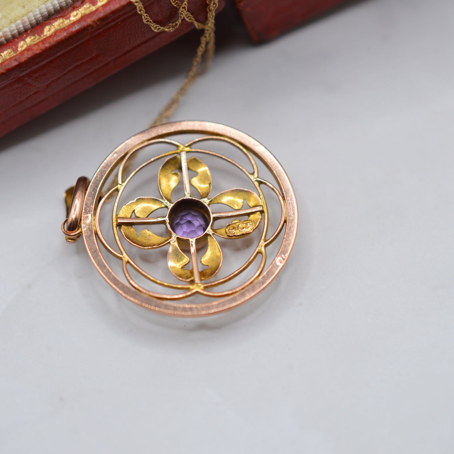 Antique Edwardian Art Nouveau 9ct Gold Amethyst Pendant Necklace