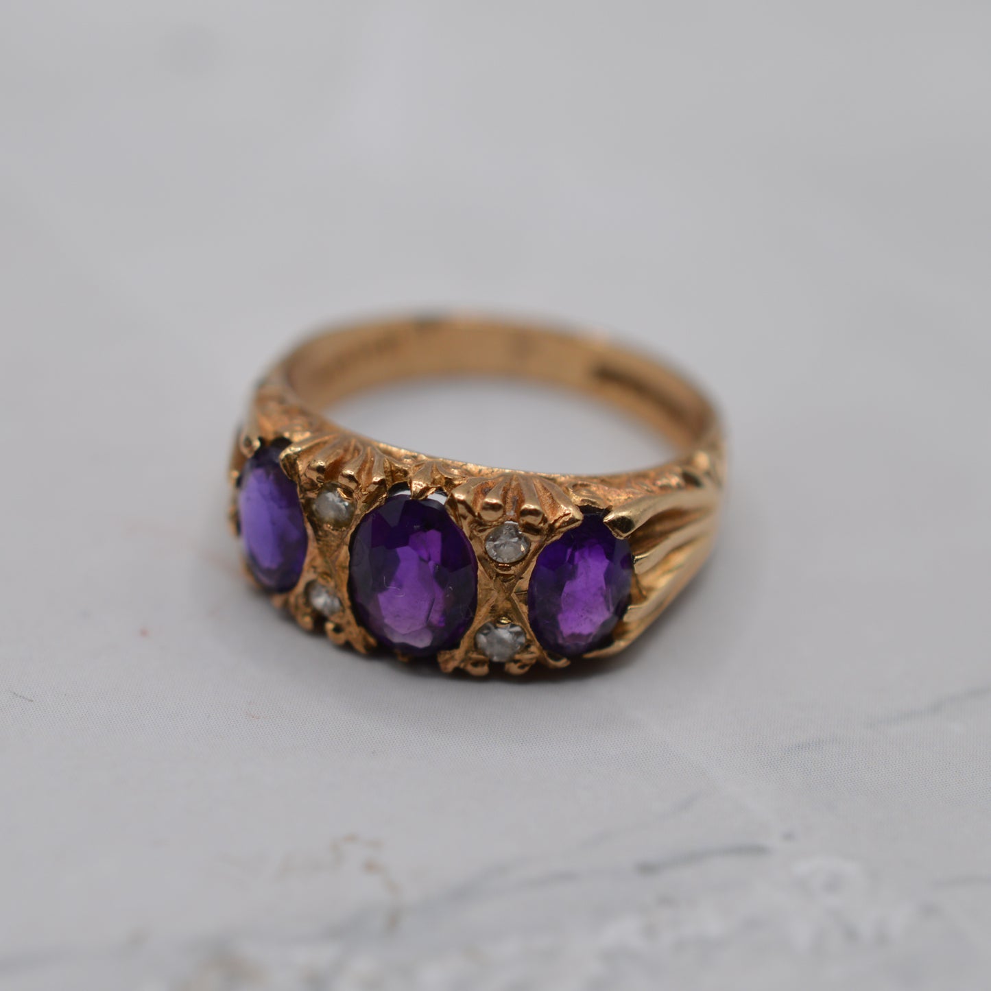 1970s Chunky Vintage 9ct Gold Amethyst & Diamond Gypsy Ring