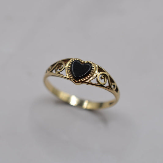 1990s Vintage 9ct Gold Onyx Heart Signet Ring