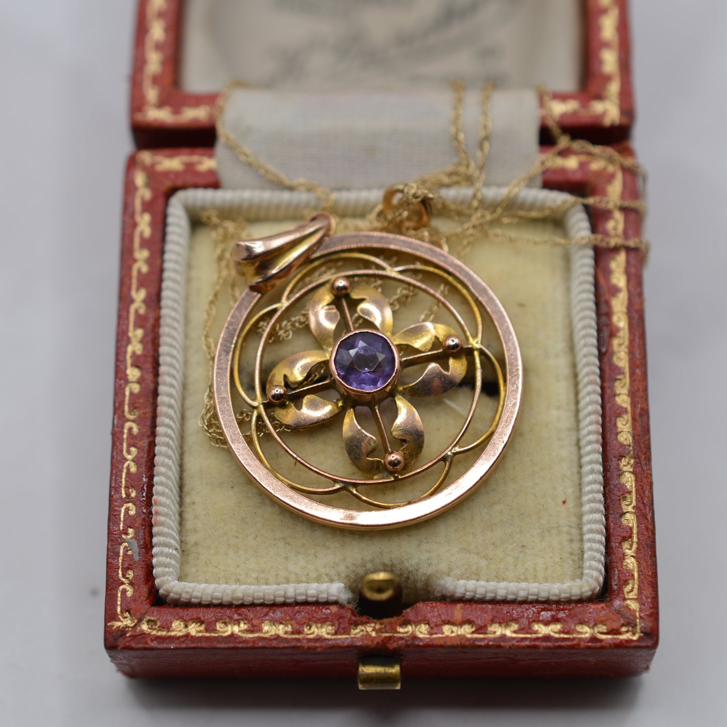 Antique Edwardian Art Nouveau 9ct Gold Amethyst Pendant Necklace