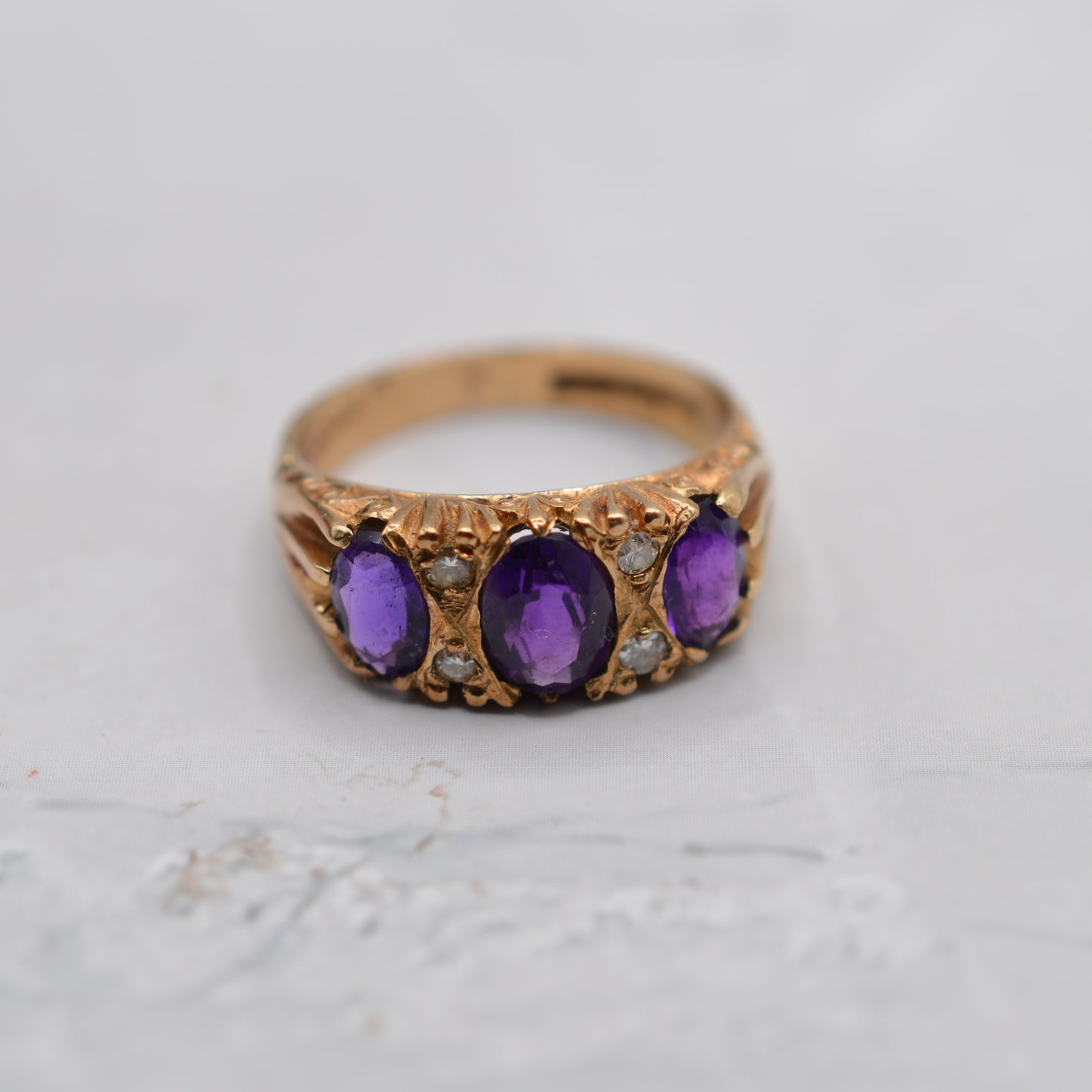 1970s Chunky Vintage 9ct Gold Amethyst & Diamond Gypsy Ring