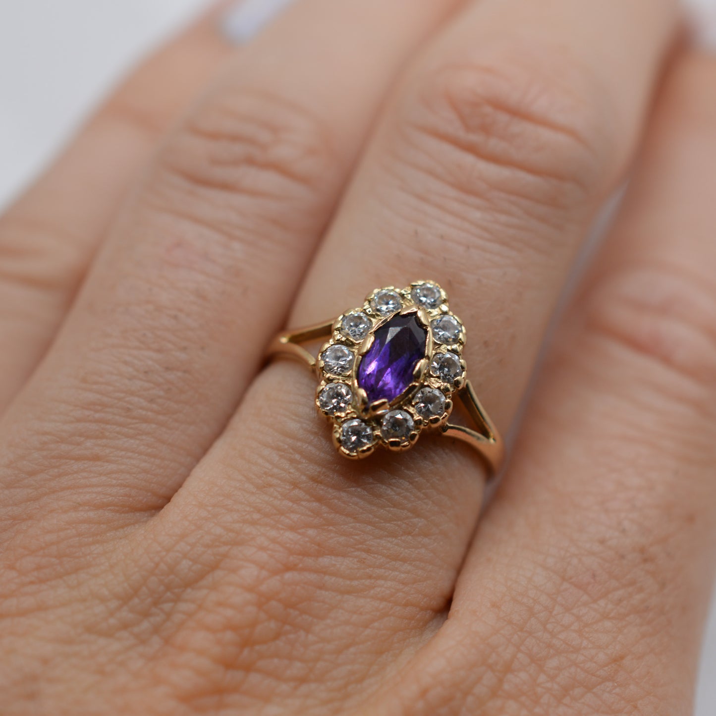 1990s Vintage 9ct Gold Amethyst & CZ Cluster Cocktail Ring