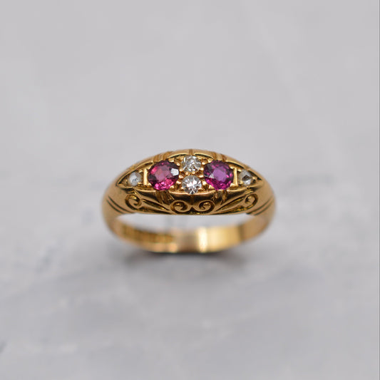 Antique 1910s 18ct Gold Ruby & Diamond Boat Ring