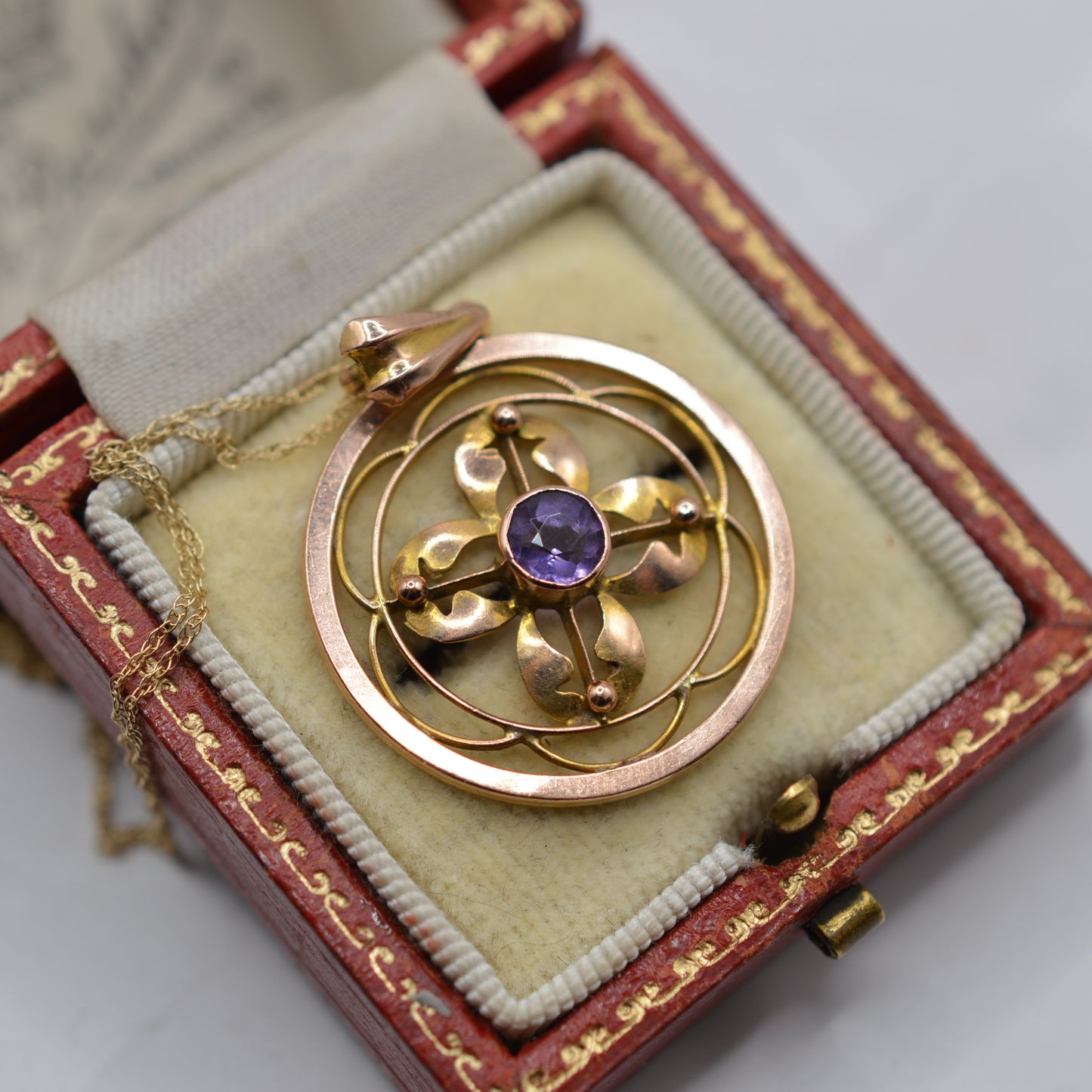 Antique Edwardian Art Nouveau 9ct Gold Amethyst Pendant Necklace
