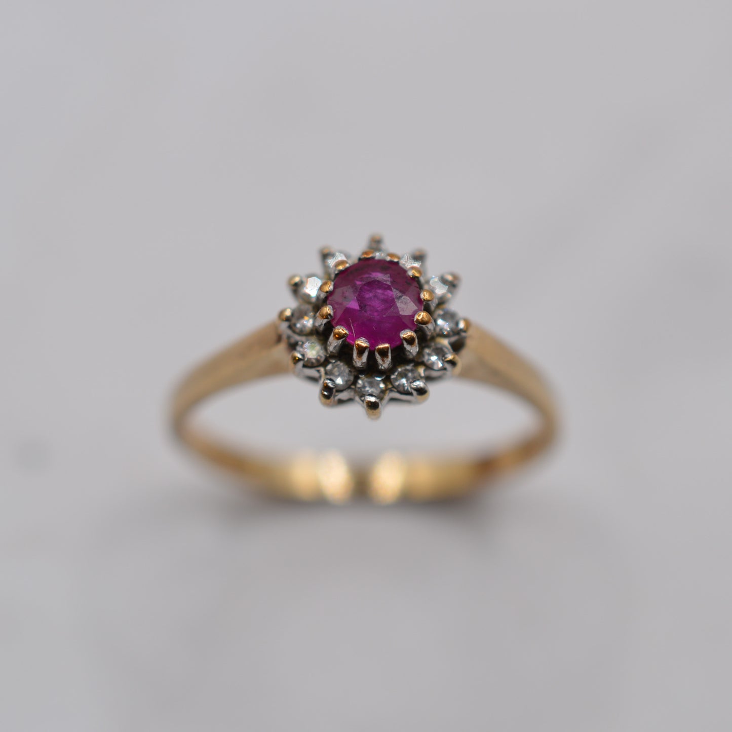 1990s 9ct Gold Ruby & Diamond Cluster Ring
