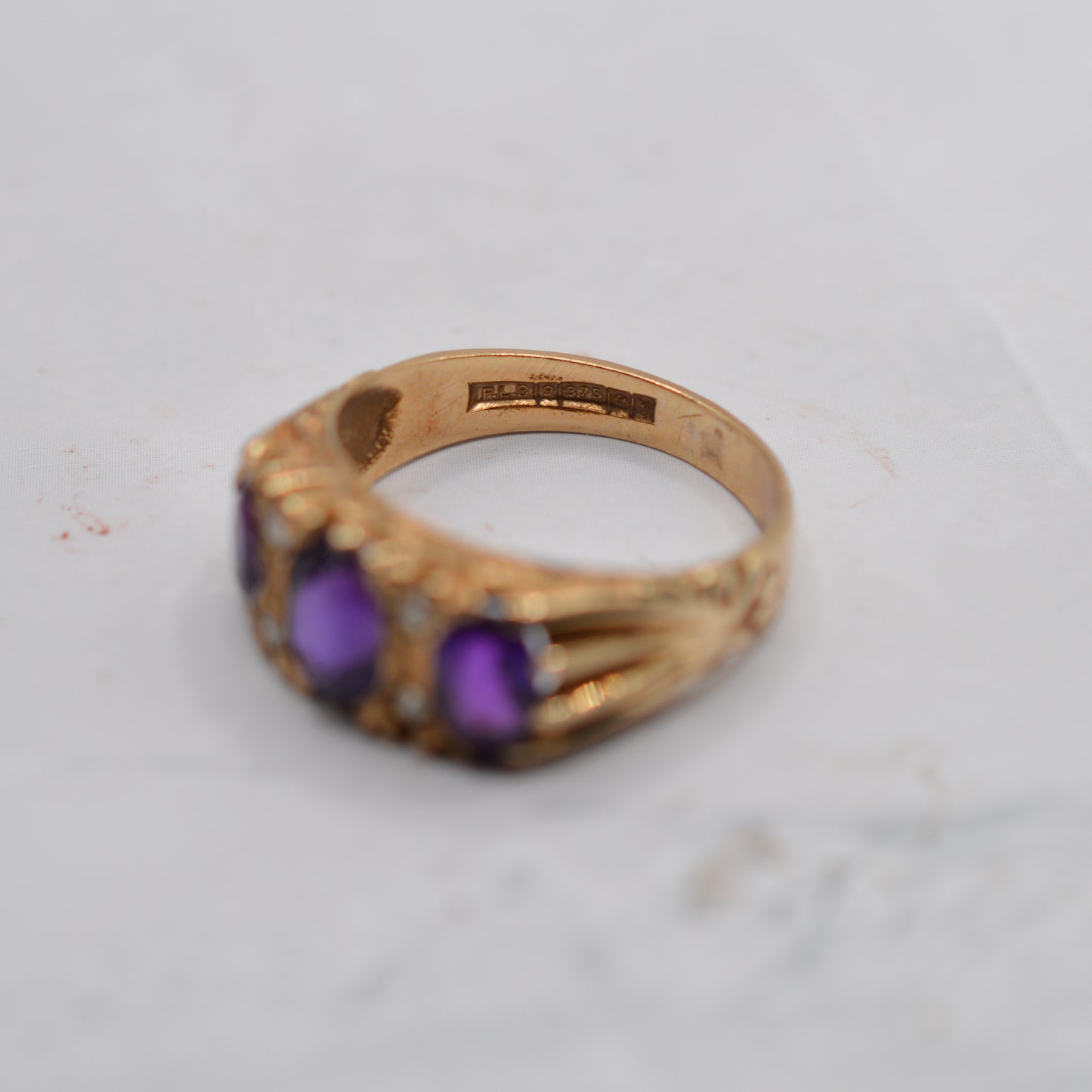 1970s Chunky Vintage 9ct Gold Amethyst & Diamond Gypsy Ring