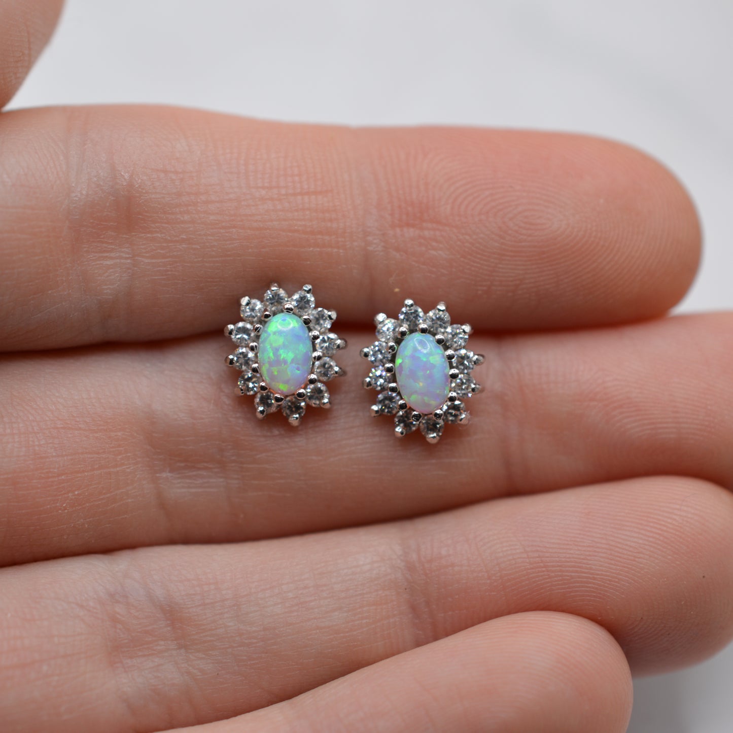 9ct Gold Opal & Cubic Zirconia Cluster Stud Earrings