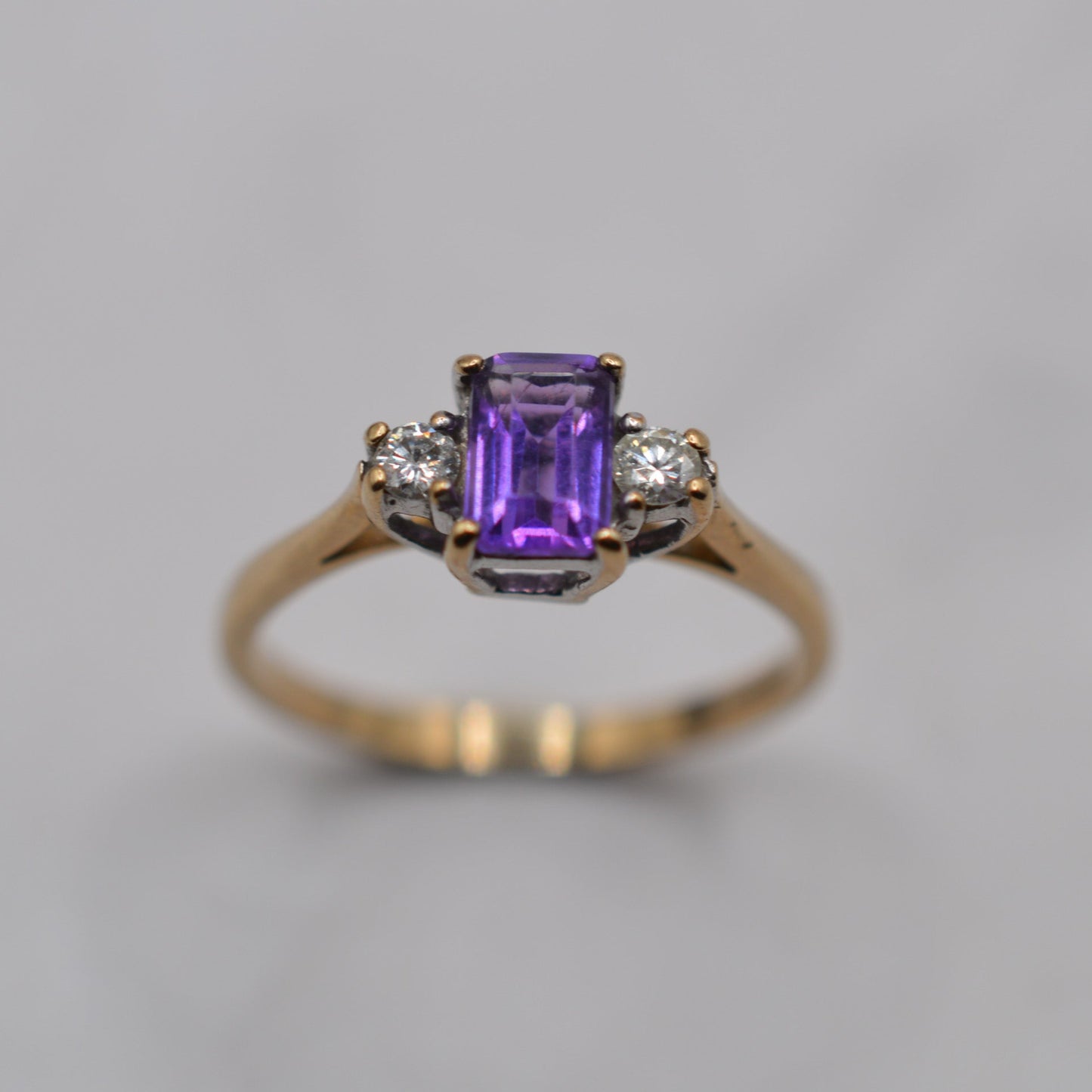 1990s 9ct Gold Amethyst & Diamond Trilogy Ring