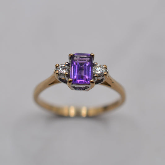 1990s 9ct Gold Amethyst & Diamond Trilogy Ring