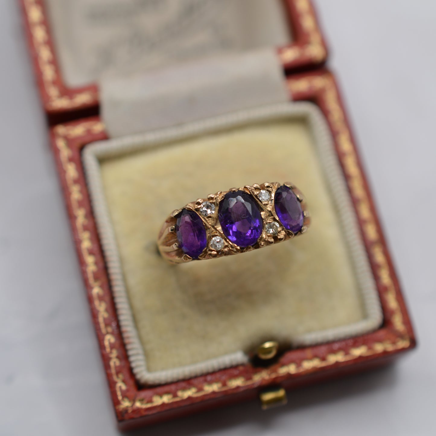 1970s Chunky Vintage 9ct Gold Amethyst & Diamond Gypsy Ring
