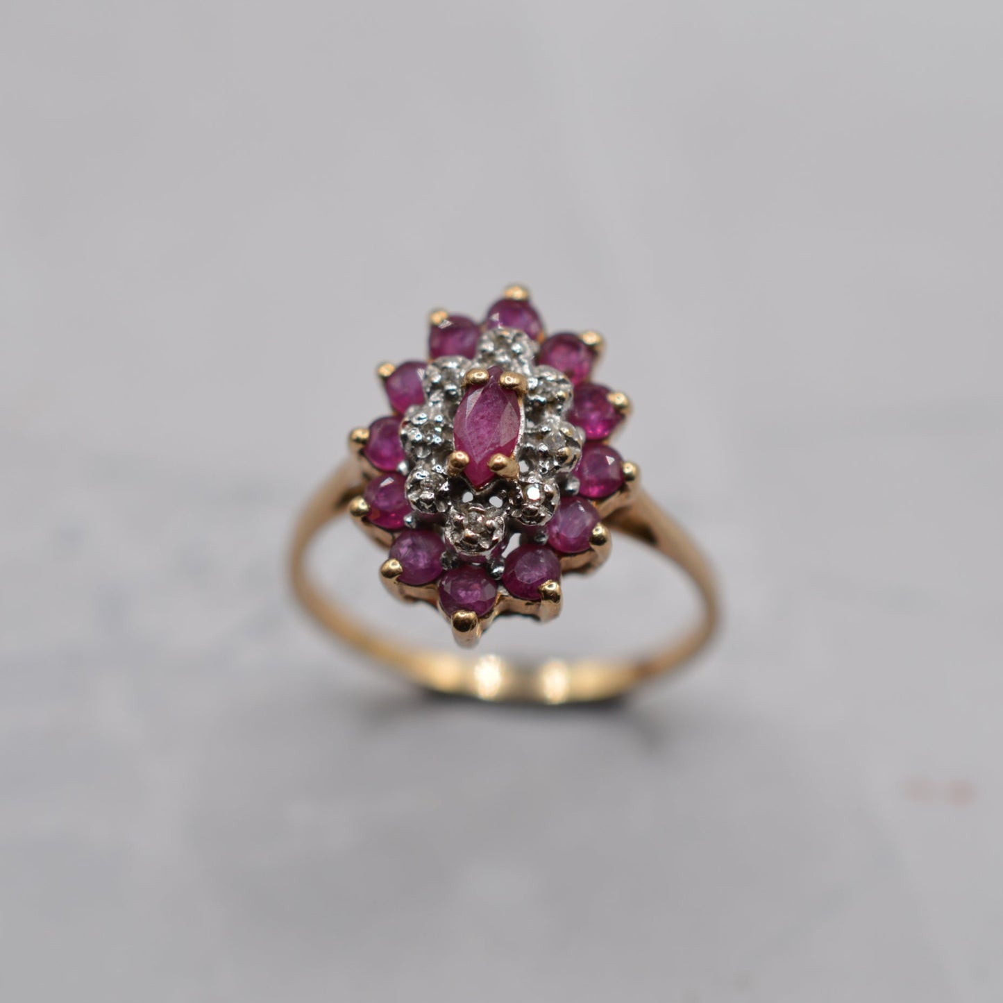 1980s 9ct Gold Ruby & Diamond Marquise Cluster Ring