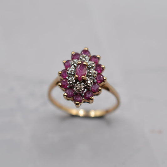 1980s 9ct Gold Ruby & Diamond Marquise Cluster Ring