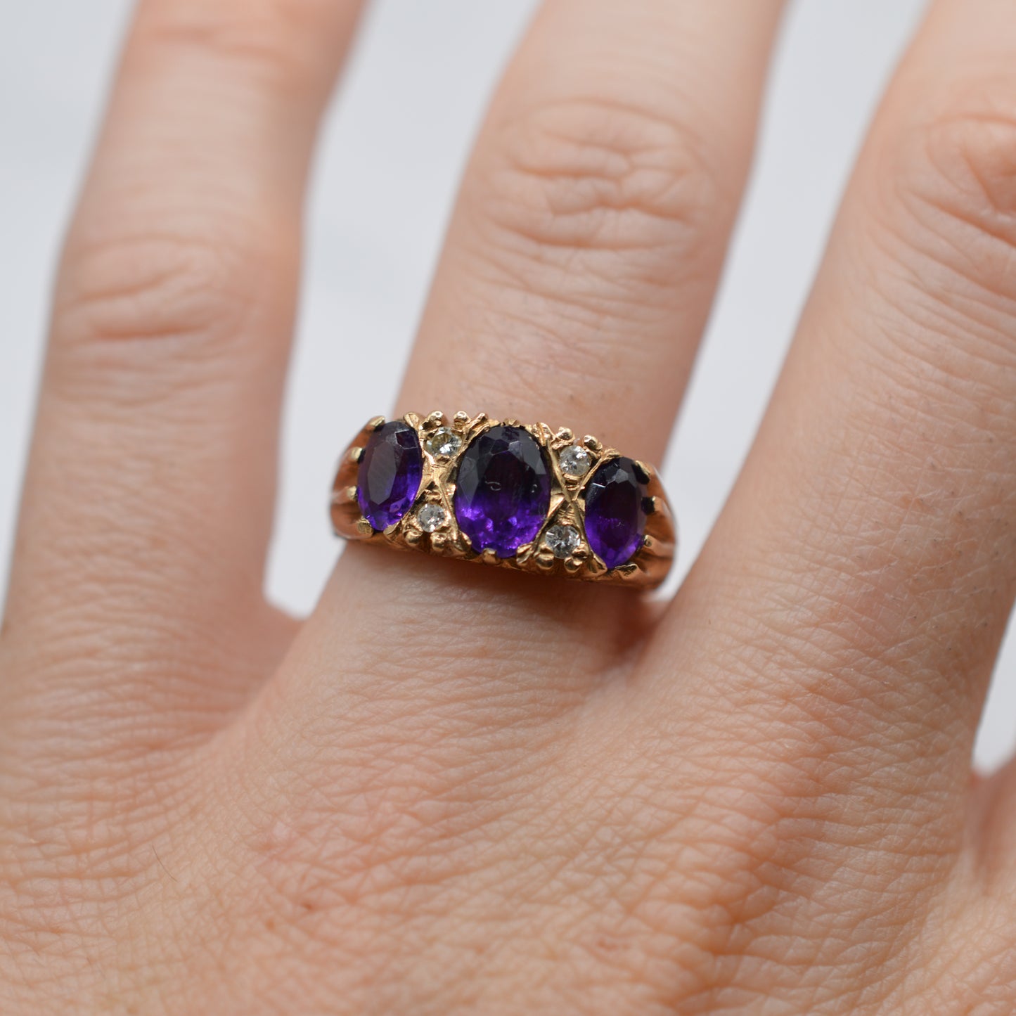 1970s Chunky Vintage 9ct Gold Amethyst & Diamond Gypsy Ring