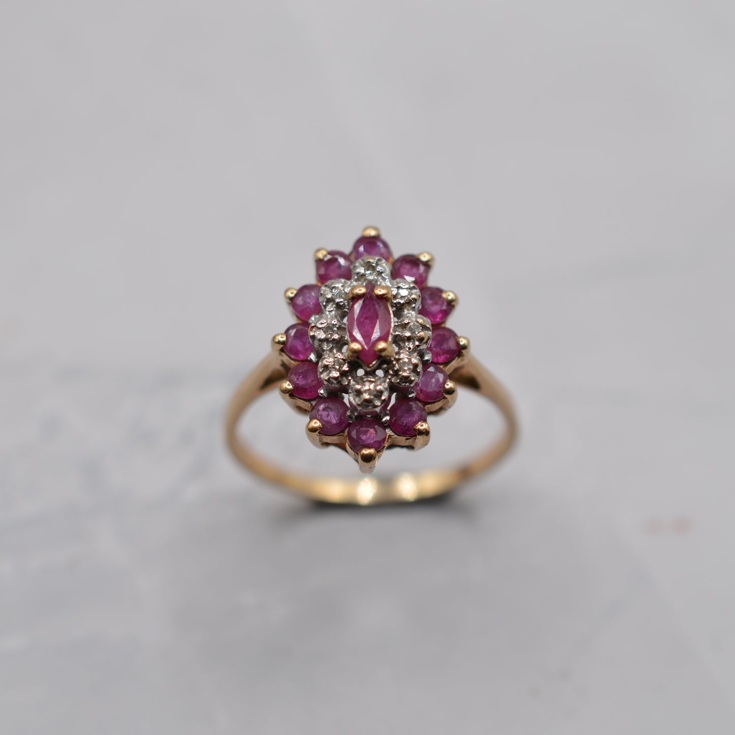 1980s 9ct Gold Ruby & Diamond Marquise Cluster Ring