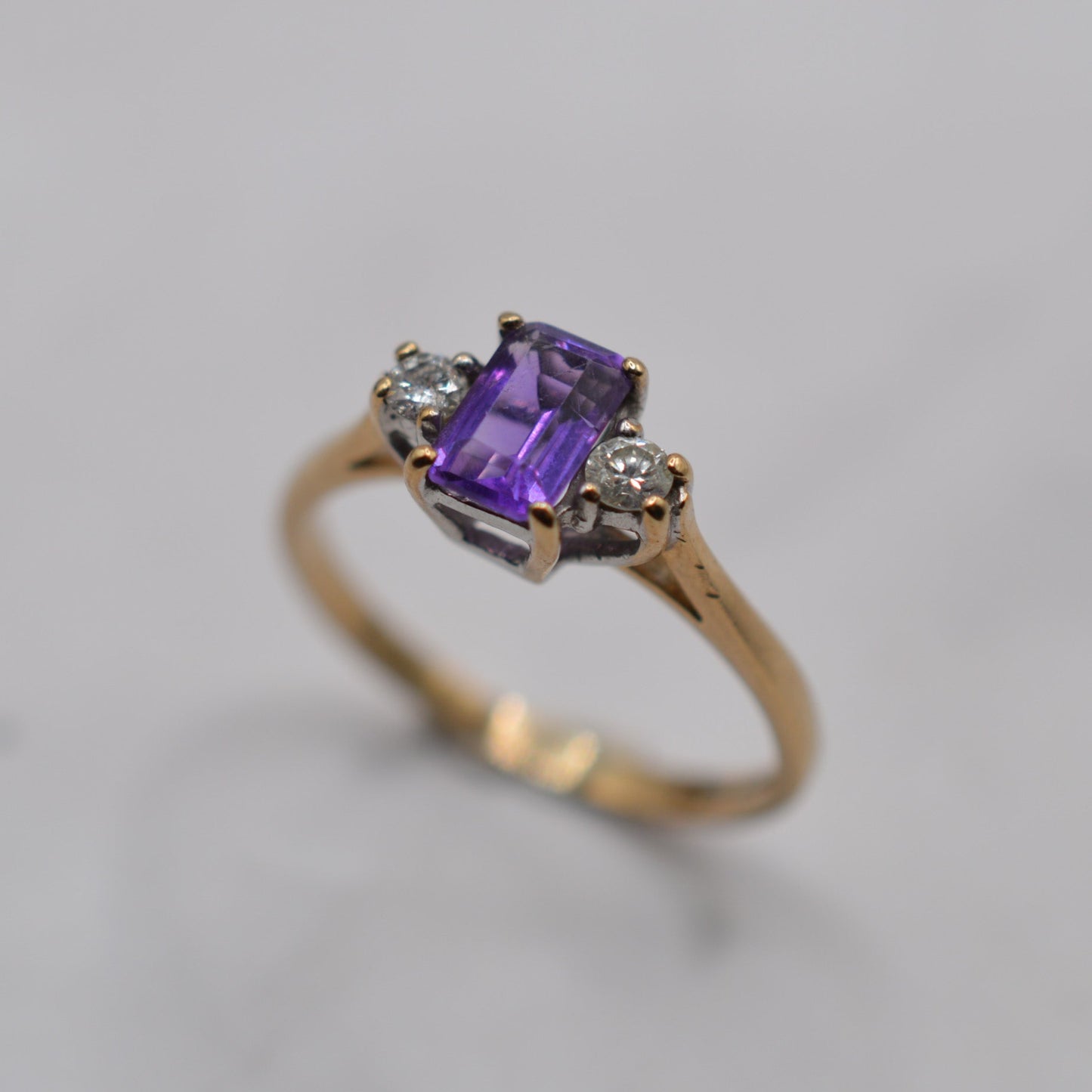 1990s 9ct Gold Amethyst & Diamond Trilogy Ring