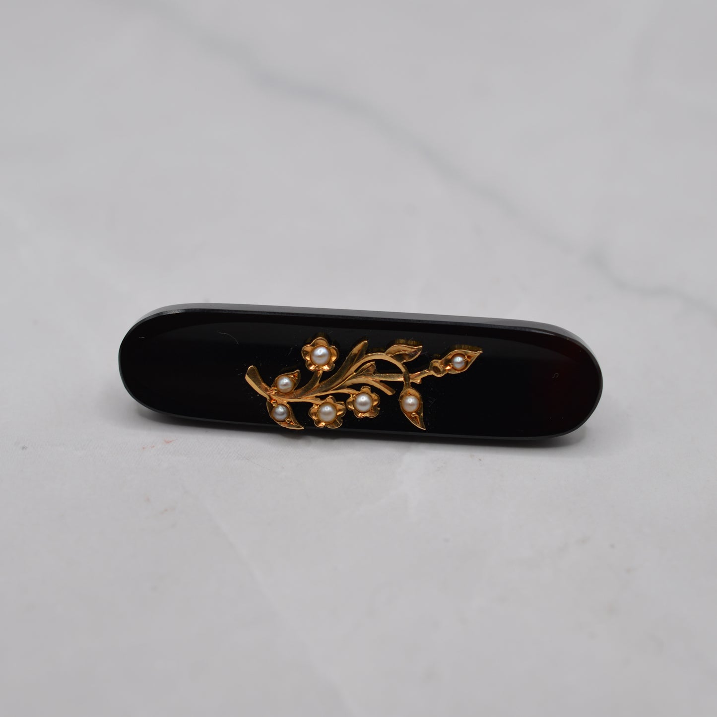 Mid-Century Black Mourning-Style Brooch with Pearl Floral Motif