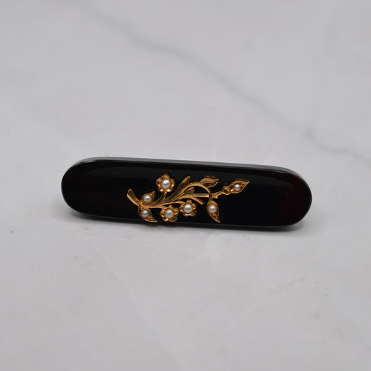 Mid-Century Black Mourning-Style Brooch with Pearl Floral Motif