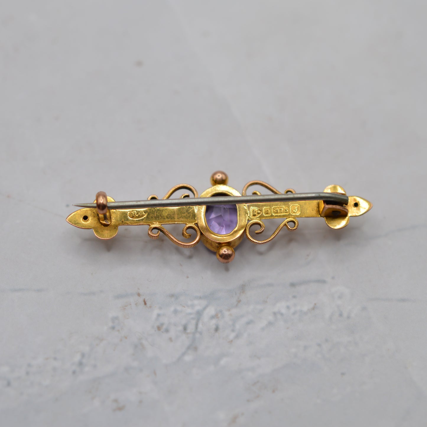 Edwardian 1909 Antique 9ct Gold Amethyst Brooch