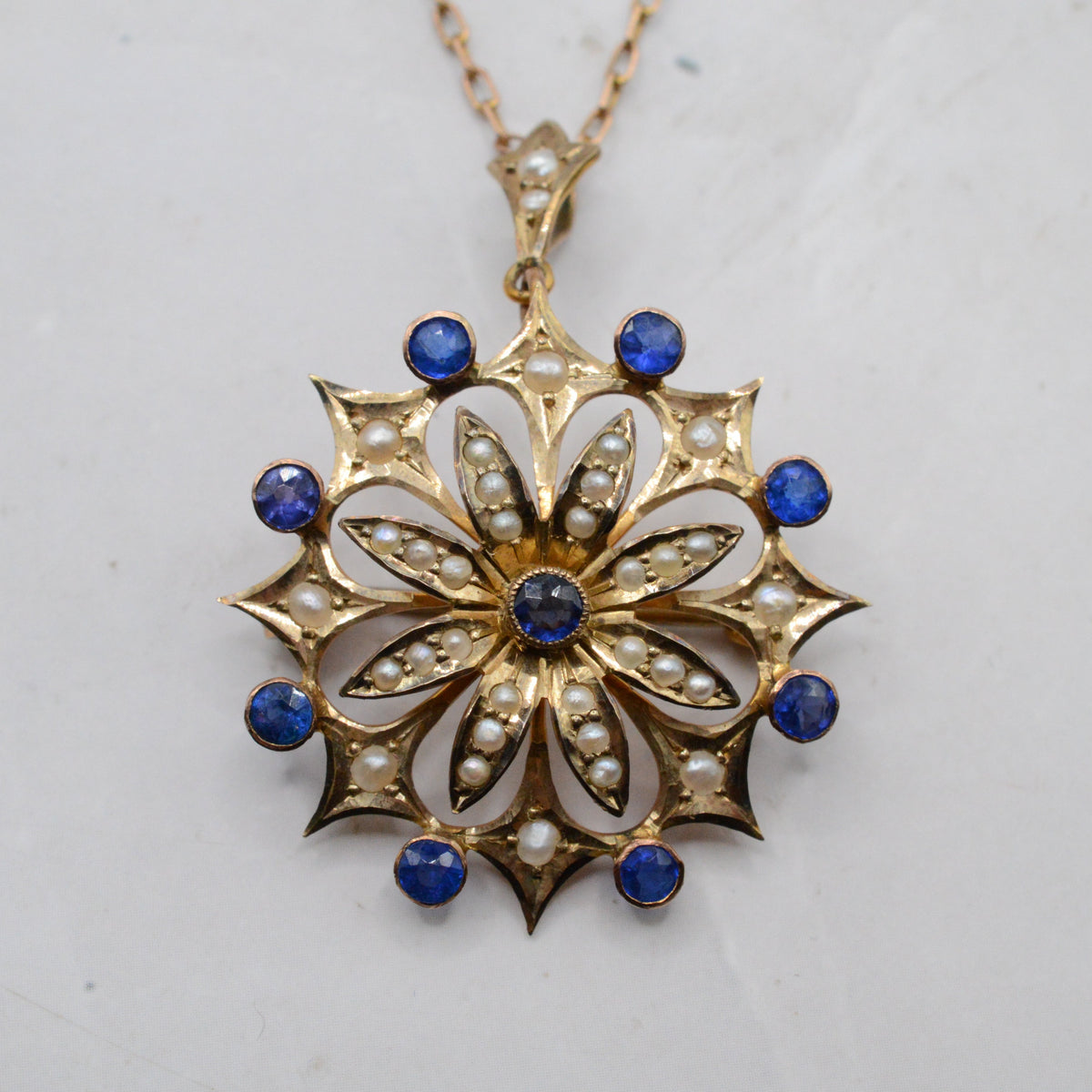 Large Antique Edwardian 9ct Gold Sapphire & Pearl Floral Pendant Necklace