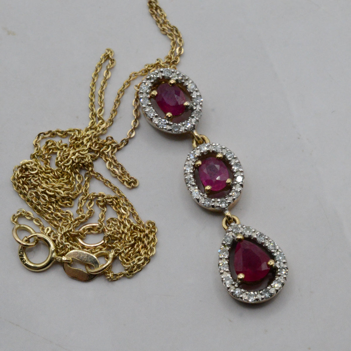 9ct Gold Ruby & Diamond Triple Cluster Pendant Necklace (16”-18”)