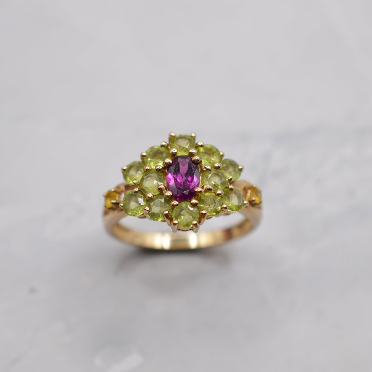 Chunky 9ct Gold Green Sapphire, Yellow Sapphire & Garnet Cluster Ring