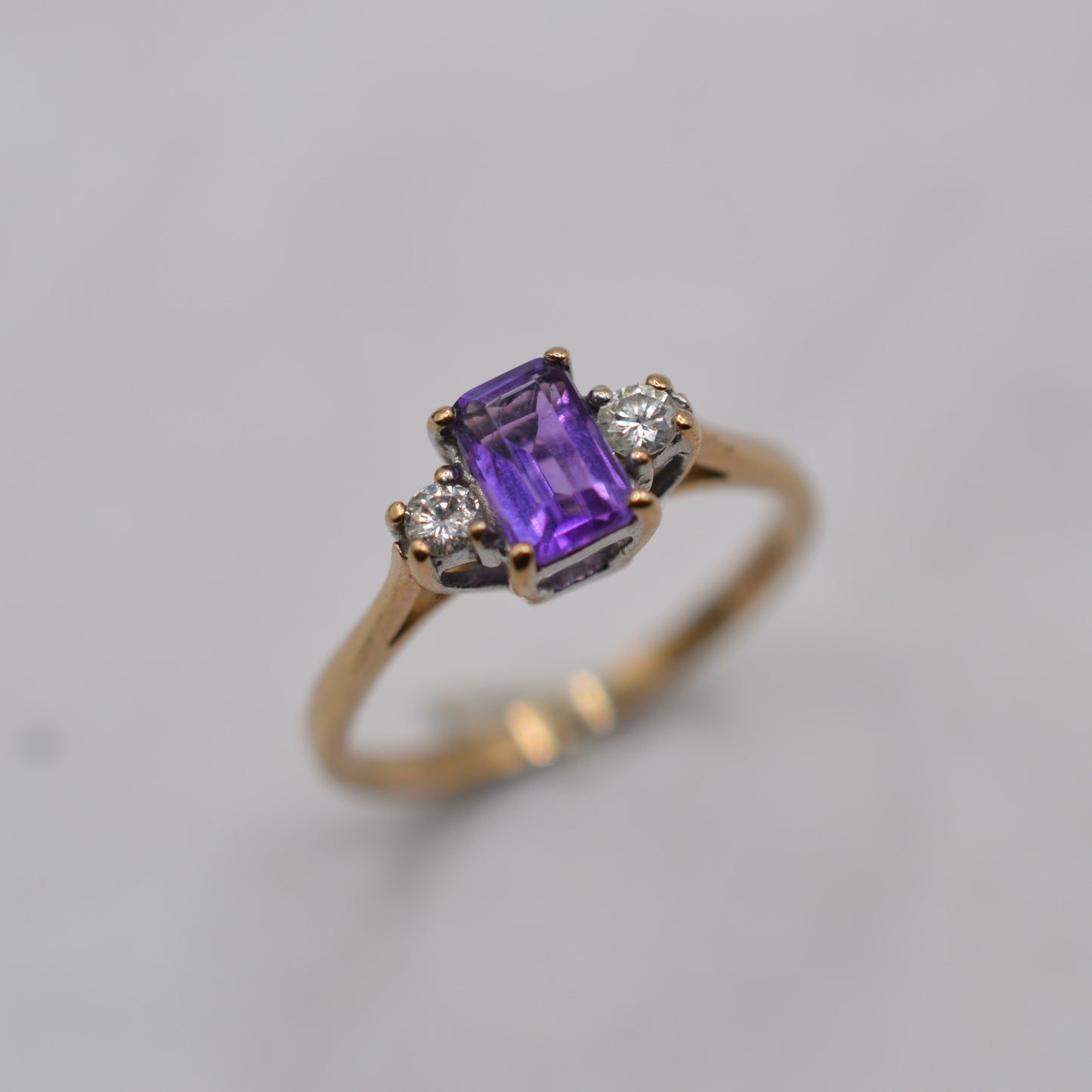 1990s 9ct Gold Amethyst & Diamond Trilogy Ring