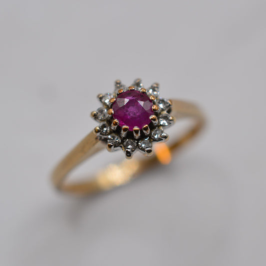 1990s 9ct Gold Ruby & Diamond Cluster Ring