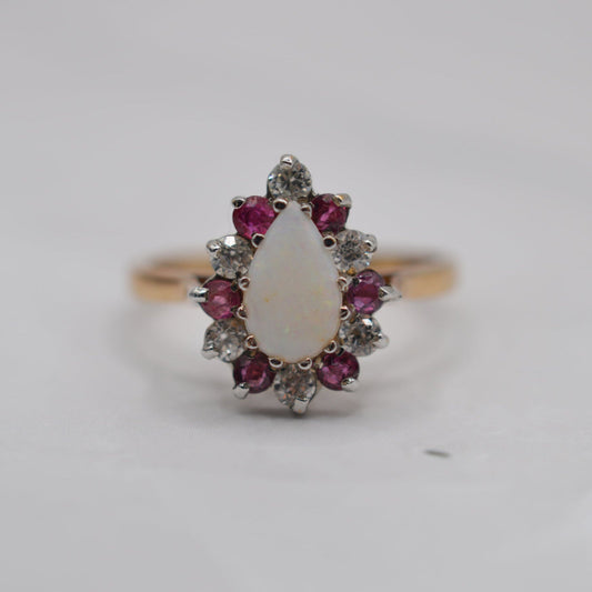 1980s Vintage 9ct Gold Opal, Ruby & CZ Cluster Ring