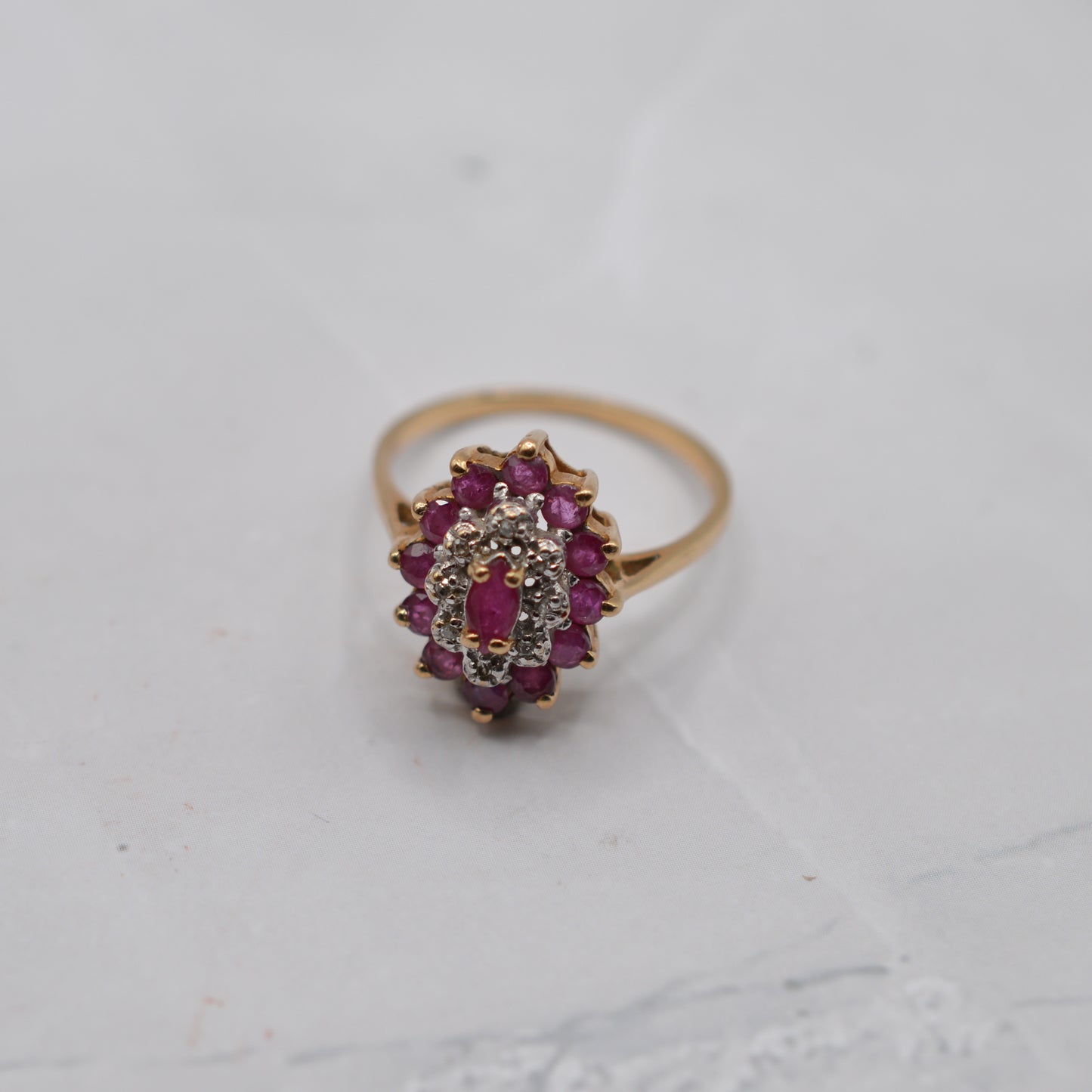 1980s 9ct Gold Ruby & Diamond Marquise Cluster Ring